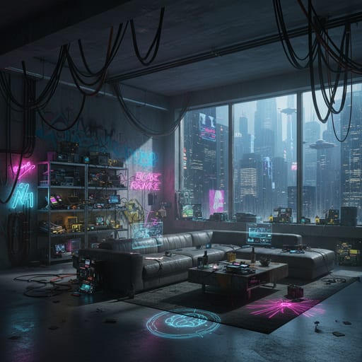 Room before and after a Cyberpunk-Loft AI transformation (after)