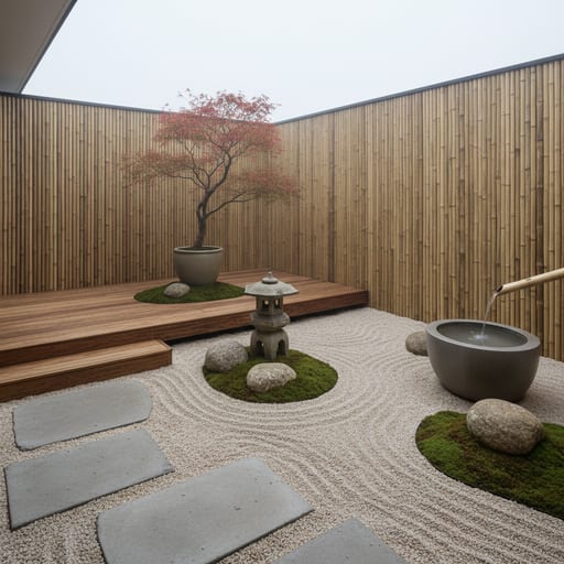 Japandi Zen Courtyard — Raked Gravel Calm