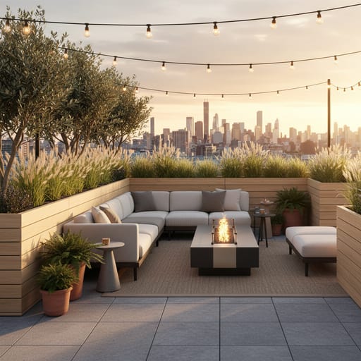 Rooftop Garden Lounge — Urban Skyline